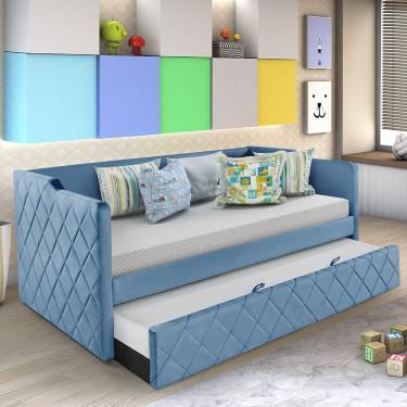 Imagem de Sofá Cama Infantil Madeira Maciça Tecido Veludo Pavia Azul