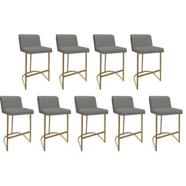 Imagem de Kit 09 Banquetas Com Encosto Confort Bistrô Cozinha Ferro Dourado Linho Cinza - Amey Decor