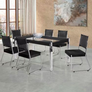 Imagem de Mesa De Jantar Claudia Com Tampo Kanon 6 Cadeiras Aço Nobre Preto Com Transparente