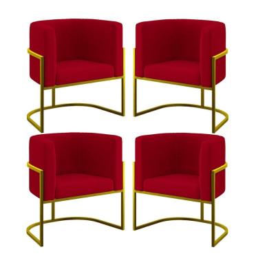 Imagem de Kit 04 Poltronas Lua Sala Decorativa Base De Ferro Gold Vermelho