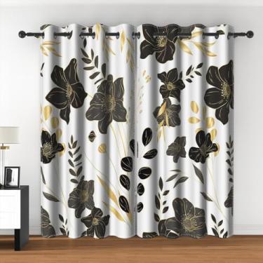 Imagem de Cortinas de flores pretas pretas e douradas, chiques, flores, plantas, blackout, vintage, botânica, estética, boho, floral, tratamentos de janela, para sala de estar, quarto, 106 x 213 cm, 2 painéis