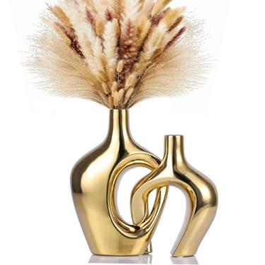Imagem de XIYOUQI Vaso Dourado Para Decoração, Conjunto De 2 Vasos Cerâmica, Flores Redondas Ou Capim-Dos-Pampas, Centro Mesa, Estante Moderna Casa, Decoração Lareira