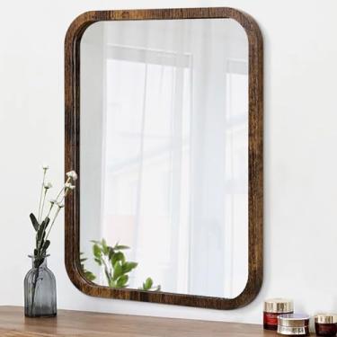 Imagem de Espelho retangular rústico marrom espelho de banheiro com moldura, espelhos montados na parede decoração moderna espelho de cômoda para quarto sala de estar entrada