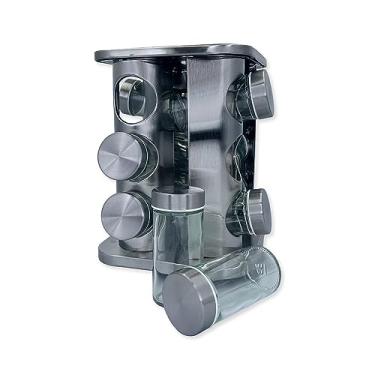 Imagem de Porta Temperos Giratório em Aço Inox com 12 Potes de Vidro, 80g, Base Giratória, 22x18x18cm