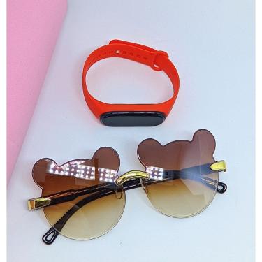 Imagem de Kit Relógio Digital Led touch Meninas Pulseira Silicone + Óculos de Sol Infantil Orelha de Urso Proteção UV400 Crianças