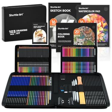 Imagem de Kit de desenho Shuttle Art de 103 peças, suprimentos de desenho profissional com esboço, carvão, lápis coloridos, grafite, lápis e bastões pastel, ferramentas de desenho completas e blocos de papel em