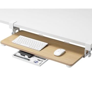 Imagem de ETHU Bandeja de teclado sob a mesa, 68 cm x 30 cm, bandeja de teclado grande com suporte de fixação C fácil de instalar, suporte para teclado de computador, bandeja ergonômica para teclado para casa e escritório (carvalho)