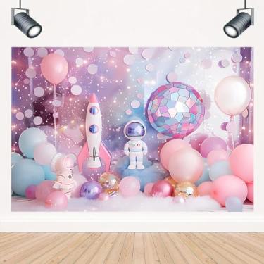 Imagem de Cenário de aniversário de astronauta espacial para fotografia - Decoração de festa temática de menina rosa com estrelas brilhantes - Fundo de aniversário infantil e chá de bebê (1,5 x 7 m)