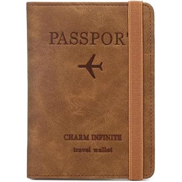 Imagem de Porta-passaporte para cartão de vacina com faixa elástica, carteira de pu couro com bloqueio de RFID, capa de viagem para passaporte/cartão de crédito/cartão de embarque/vacinação