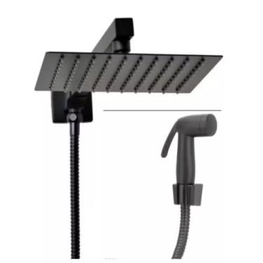 Imagem de Chuveiro Ducha 20x20 Quadrada C/Chuveirinho Luxo E Desviador Kit completo Preto/Prata (Preto Com Chuverinho)