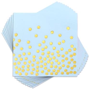 Imagem de 100 guardanapos azuis claros descartáveis - guardanapos de coquetel de 3 camadas azul claro e dourado - guardanapos de papel azul bebê para festa, casamento, jantar, aniversário