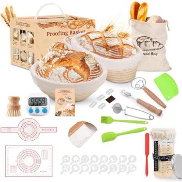 Imagem de Yewhick Kit completo para iniciantes de massa fermentada, oval de 25,4 cm e cesta redonda de 23 cm à prova de pão Banneton com pote de vidro para iniciantes, kit de suprimentos de pão de fermento para