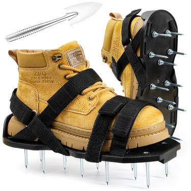 Imagem de Bakulala Sapatos aeradores de grama de instalação gratuita com pá de aço inoxidável, aerador de grama, ferramenta de aeração de gramado resistente com alça de gancho e laço para quintal e pátio
