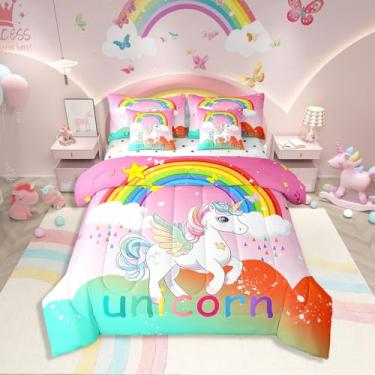 Imagem de Erosebridal Jogo de edredom solteiro, tamanho solteiro, arco-íris, unicórnio em uma bolsa, com lençol de cima e lençol com elástico para crianças, adolescentes e adultos, conjunto de cama com estampa