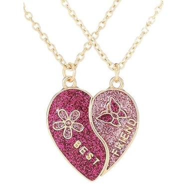 Imagem de DIAMANTIO Conjunto de colar com pingente de coração de melhores amigos banhado a ouro 18 K – joia de coração dividido com glitter rosa combinando para melhores amigos
