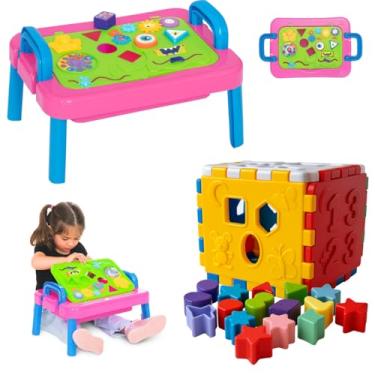 Imagem de Mesa Atividades Didática Bebê Infantil Com Cubo Didático Educativo Aprendizado Interativo Formas Números Cores Menino Azul Menina Rosa 1 2 ano 6 meses Presente (Rosa)