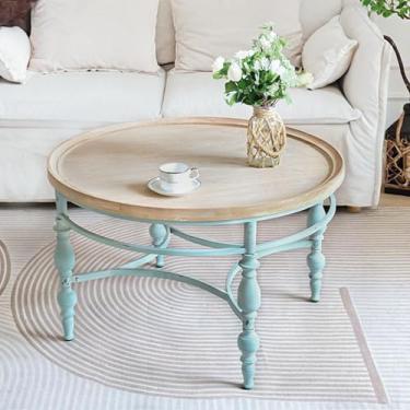 Imagem de TIMBERMAVEN Mesa de centro redonda rústica para casa de fazenda, mesa central vintage francesa, φ70 cm x 45 cm A, madeira maciça rústica com pernas de ferro vintage, para sala de estar, quarto, sala