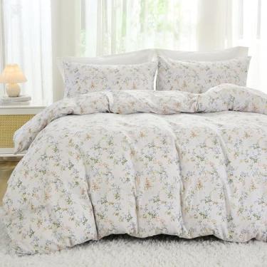 Imagem de EAVD Conjunto de edredom floral, estilo vintage, solteiro, GG, branco, microfibra macia, chique, folhas de jardim, floral, com 2 fronhas, conjunto de edredom botânico fresco para todas as estações