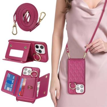 Imagem de DEYHU Capa de telefone para iPhone 13 Pro Max com suporte para cartão e alça para mulheres, bolsa transversal com suporte de anel, maquiagem espelhada, carteira para Apple13promax - rosa vermelha