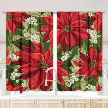 Imagem de Cortinas de cozinha de Natal para sala de jantar inverno flores vermelhas quarto cortinas janela privacidade cortinas semitransparentes verde natal vintage cortinas florais 91 cm comprimento 2 painéis