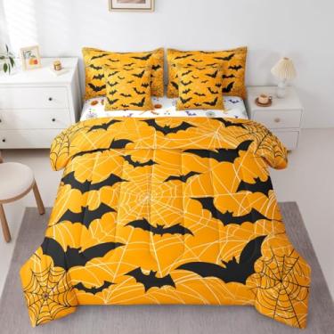 Imagem de Erosebridal Jogo de cama solteiro com tema de Halloween, cama de morcego voador em uma bolsa, conjunto de cama de morcego preto inclui edredom, conjunto de lençol, fronhas e fronhas, decoração de