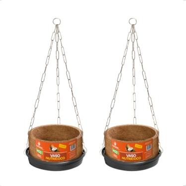 Imagem de Kit 2 Vaso Planta Completo Fibra Coco Pendurar Prato Corrente N2 Médio Samambaia Orgânico Nutriplan