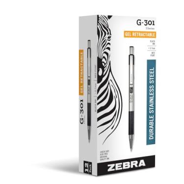 Imagem de Zebra Pen Caneta de gel retrátil G-301, ponta média de 0,7 mm, barril de aço inoxidável, ideal para material de escritório, material escolar e material para professores, tinta preta, pacote com 12