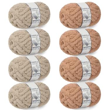 Imagem de Cozyful Fio grosso para tricô à mão - fio de chenille grosso nº 10, fios grandes e grossos para crochê, fios de manta de malha super volumosos, 8 novelos (25 m, 226 g/novelo), cáqui e café