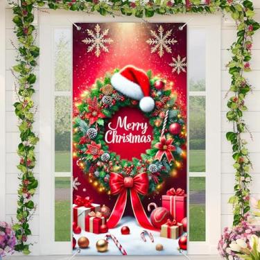 Imagem de BlissYard Capa para porta de Natal, 89 x 188 cm, guirlanda de feliz Natal, festa festiva, cabine de fotos, decoração de fundo para portas da frente, faixa de tecido de poliéster, decoração de entrada