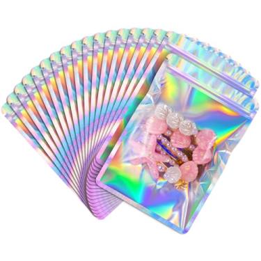 Imagem de FUNFERY Pacote com 100, sacos holográficos à prova de cheiro de janela transparente de canto redondo de 10 x 15 cm, sacos resseláveis Mylar, bolsa de embalagem para doces, joias, suprimentos para