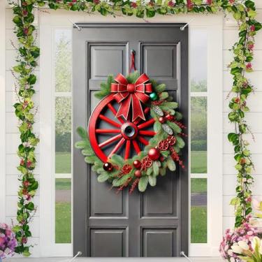 Imagem de BlissYard Capa de porta de Natal, roda de carroça vermelha, ornamentos festivos de laço de purpurina, pinhas e bagas de 89 x 189 cm, decoração sazonal para uso interno e externo, suprimentos de festa