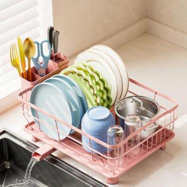Imagem de AIDERLY Escorredor de louça de ferro escorredor de pratos de drenagem automática coador de balcão de cozinha com bandeja de drenagem, rosa