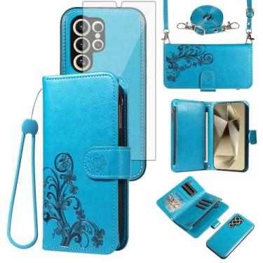 Imagem de Asuwish Capa de celular para Samsung Galaxy S24 Ultra 5G Carteira com zíper destacável com protetor de tela de vidro temperado, alça transversal, compartimento para cartão de flores S24Ultra 24S S 24