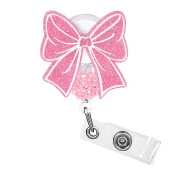 Imagem de 1 peça de porta-crachás retrátil com design de laço rosa irregular, acrílico irregular, clipe de crachá engraçado para cartão de identificação com clipe giratório de metal jacaré de 360° para