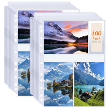 Imagem de Pacote com 100 capas para fotos com capacidade para 600 fotos de 10 x 15 cm, protetor de página de foto transparente para fichário de 3 anéis, páginas de refil de álbum de fotos dupla face, bolsos