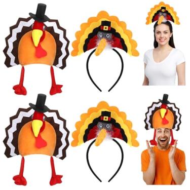 Imagem de Geyoga 4 Pcs Thanksgiving Turkey Hat and Headbands, Plush Roasted Turkey Cap Headband Boppers Hair Accessories for Woman Man Thanksgiving Parade Party Favors