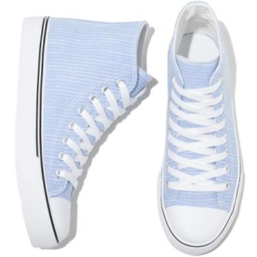 Imagem de kufeiti Tênis feminino de lona de cano alto com cadarço branco preto tênis casual caminhada, Listra azul, 40