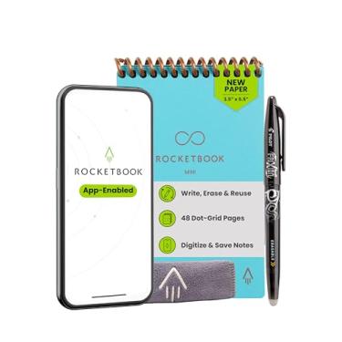 Imagem de Rocketbook Novo mini bloco de notas inteligente reutilizável, tamanho de bolso, 9 x 14 cm, azul-petróleo - páginas pontilhadas, conectadas ao aplicativo, apagável, ideal para anotações rápidas em