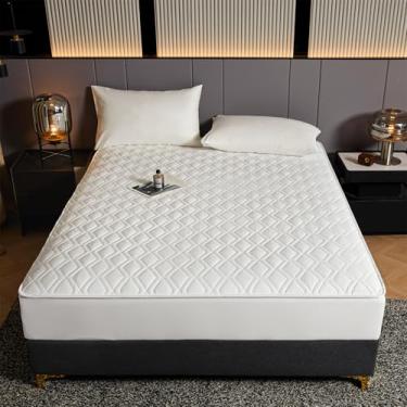 Imagem de Protetor de colchão, cor sólida, acolchoado, lençol com elástico para todas as estações, antiderrapante, capa contra poeira, colchões macios e respiráveis, para cama decorativa-branco||solteiro: 89 x