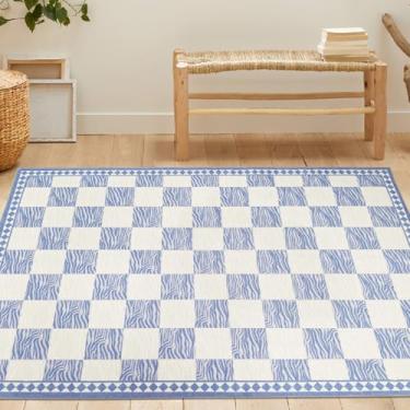 Imagem de Lacomfy Tapete xadrez zebra, tapete xadrez moderno de búfalo de 8 x 1,5 m, design chique de listras de zebra e tabuleiro de xadrez, tapete lavável antiderrapante para casa de fazenda, sala de estar