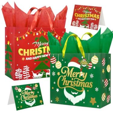 Imagem de Charmount Pacote com 2 sacos de presente de Natal de 33 cm com papel de seda e cartão, sacos de presente de férias com design de estampagem a quente, sacos de embrulho de presente festivo com etiqueta