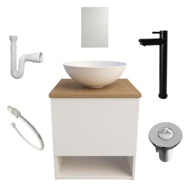 Imagem de Kit Gabinete Armario de Banheiro Lavabo com Cuba Espelho Torneira Pret