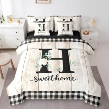 Imagem de Erosebridal Jogo de cama solteiro com alfabeto de flores, 7 peças, letra H, para crianças e adultos, rústico, bege, porta de celeiro, casa de fazenda, primavera, jardim, conjunto de cama (H)