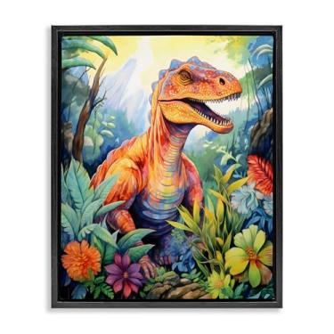 Imagem de Stupell Industries Arte de parede em tela flutuante emoldurada preta com folhas de dinossauro, verde selva, design da Creative Studio, 53 x 43 cm