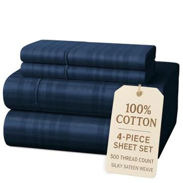 Imagem de Casa Platino Lençóis 100% algodão solteiro GG - 4 peças (1 lençol liso, 1 ajustado, 2 fronhas) - listrado 500 fios - lençóis de cama de luxo de qualidade de hotel, tecido de cetim ultra suave com