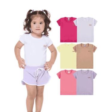 Imagem de Kit de 7 Blusas Infantis menina Manga Curta para Menina Básica e Confo