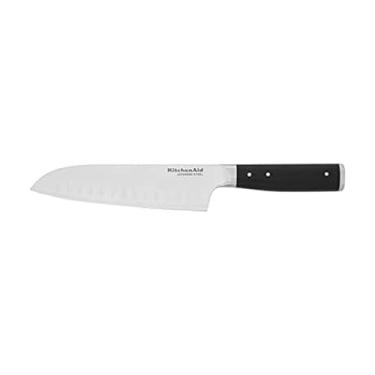 Imagem de KitchenAid Faca Santoku Gourmet forjada com rebite triplo com tampa de lâmina de ajuste personalizado, faca de cozinha afiada, lâmina de aço inoxidável japonês de alto carbono, preta