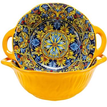 Imagem de Conjunto de 2 tigelas de cerâmica Boho com alças, tigelas grandes de cerâmica, tigelas de salada de porcelana de 1,134 g, pratos grandes para entretenimento, tigelas de mistura para sopa, ensopado