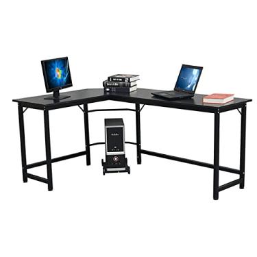 Imagem de AKALNNB Mesa de PC em forma de L, mesa de computador, mesa de escrita, mesa de canto para escritório doméstico com suporte para laptop, estrutura de metal estável, mesa de escritório preta