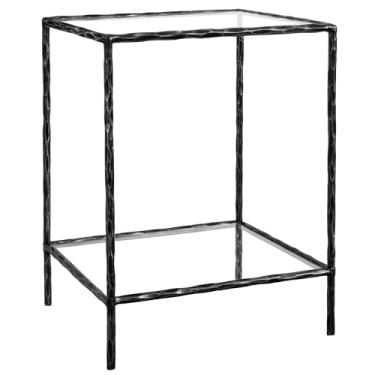 Imagem de Mesa lateral forjada à mão, 2 camadas, mesa de centro vintage com tampo de vidro, mesa de destaque com moldura sólida martelada, adequada para sala de estar, quarto, sala de estudo, entrada (preto